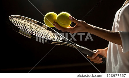 Tennis player holding two balls with racket in hand ready to serve against a dark background scene Tennis player holding two balls with racket in hand ready to serve against a dark background scene 128977867