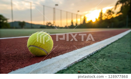 tennis ball resting on the edge of a red and green tennis court during a golden hour sunset 128977868