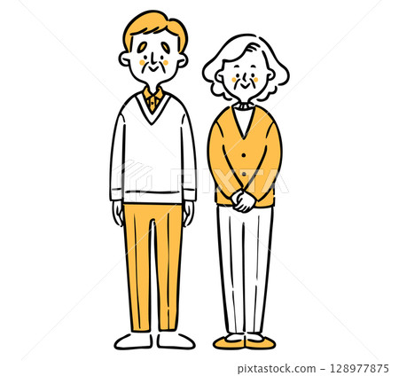 Elderly couple, grandmother and grandfather, senior couple, vector (orange) Elderly couple, grandmother and grandfather, senior couple, vector (orange) 128977875