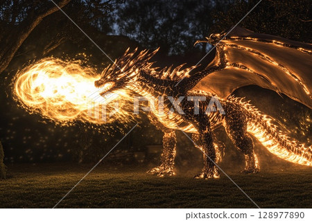 Majestic dragon illuminates the night sky with waves of light, transforming darkness into radiant day Majestic dragon illuminates the night sky with waves of light, transforming darkness into radiant day 128977890