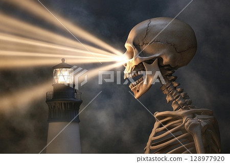 Skeletal figure with glowing skull beams illuminating a dark space in an eerie atmosphere 128977920