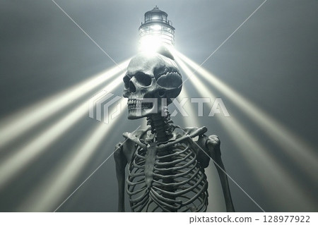 Skeletal figure with glowing skull beams illuminating a dark space in an eerie atmosphere 128977922