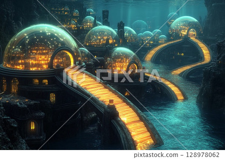 Symmetrical underwater city features bubble-like domes and illuminated pathways creating a serene aquatic environment 128978062