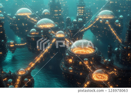 Symmetrical underwater city features bubble-like domes and illuminated pathways creating a serene aquatic environment 128978063