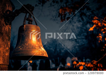 Mysterious antique church bell stands in foggy cemetery at night among ancient stone tombs 128978080