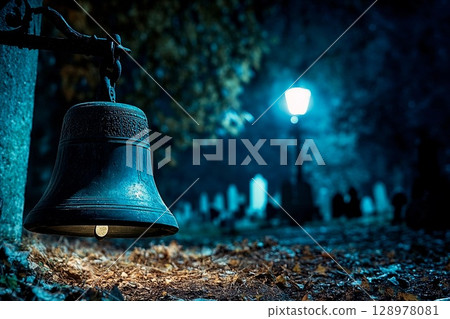 Mysterious antique church bell stands in foggy cemetery at night among ancient stone tombs 128978081