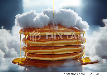 Pancake tower reaches the clouds with golden syrup cascading down its fluffy layers 128978118
