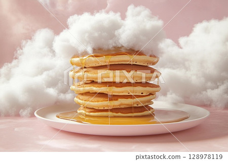 Pancake tower reaches the clouds with golden syrup cascading down its fluffy layers 128978119