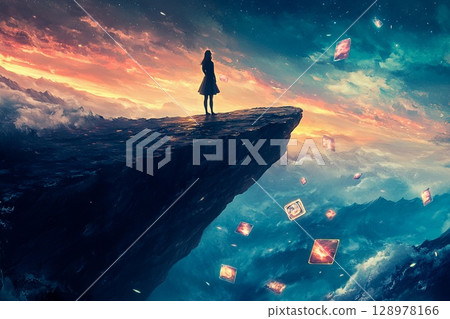 Dreamer gazes into the horizon from cliff, contemplating memories in a surreal landscape 128978166