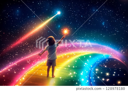 Child reaches for a glowing shooting star over a vibrant rainbow pathway under a starry night sky 128978180