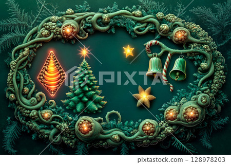 Biopunk vine oval frame featuring an organic design with a glowing Christmas tree Biopunk vine oval frame featuring an organic design with a glowing Christmas tree 128978203