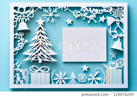 Decorative paper cutout square frame with festive figures for holiday celebrations Decorative paper cutout square frame with festive figures for holiday celebrations 128978204