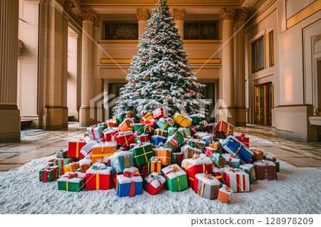 Snow-covered Christmas tree adorned with colorful decorations in a grand hall filled with festive gifts 128978209