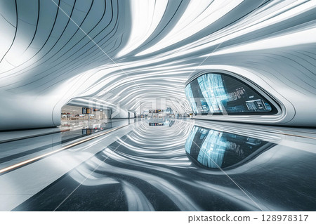 Futuristic airport terminal featuring flowing symmetrical lines and a sleek design with bright illumination 128978317