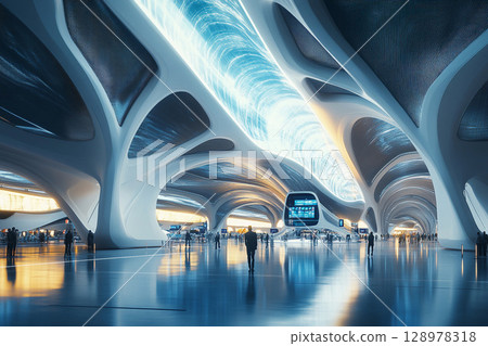 Futuristic airport terminal featuring flowing symmetrical lines and a sleek design with bright illumination 128978318