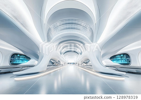 Futuristic airport terminal featuring flowing symmetrical lines and a sleek design with bright illumination 128978319
