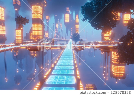 Floating city with geometric design illuminated at dusk above a tranquil landscape 128978338