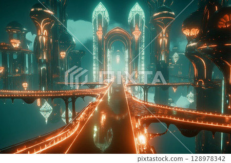 Floating city with geometric design illuminated at dusk above a tranquil landscape 128978342
