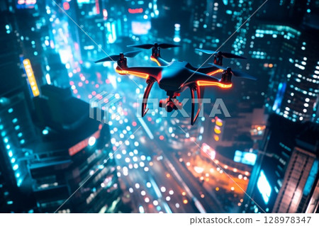 Drone equipped with lighting effects soaring above a vibrant night cityscape with stunning skyline views and glowing buildings 128978347