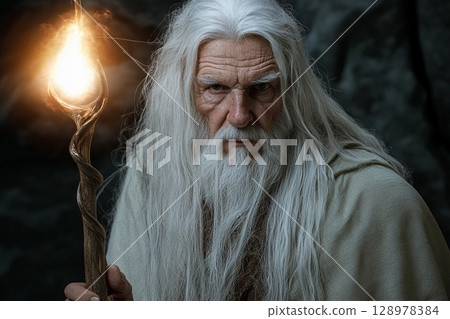 Old magician with long white hair holding a glowing staff in a mystical landscape during twilight hours Old magician with long white hair holding a glowing staff in a mystical landscape during twilight hours 128978384