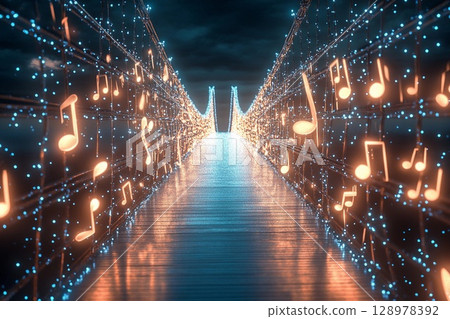 Musical bridge illuminated with shining notes creating a harmonious atmosphere at night 128978392