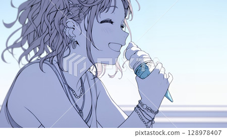 A young woman eating soft serve ice cream (ice cream in a cone) under the summer sky (simple colors) 128978407