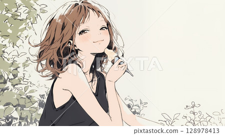 一位年輕女子在夏日的天空下吃軟冰淇淋（蛋筒冰淇淋）（簡單的顏色） 128978413