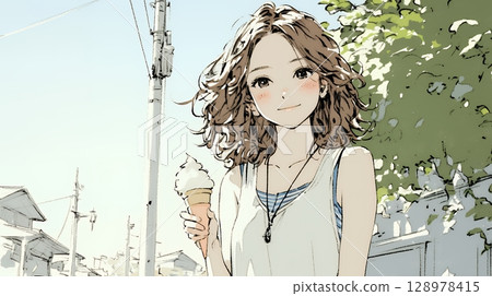 A young woman eating soft serve ice cream (ice cream in a cone) under the summer sky (simple colors) 128978415