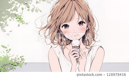 一位年輕女子在夏日的天空下吃軟冰淇淋(蛋筒冰淇淋)(簡單的顏色) 一位年輕女子在夏日的天空下吃軟冰淇淋(蛋筒冰淇淋)(簡單的顏色) 128978416