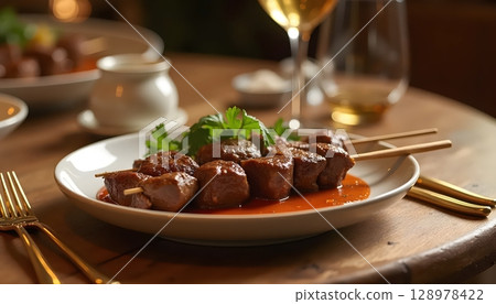 Medium-Rare Lamb Served With Elegant Utensils 128978422