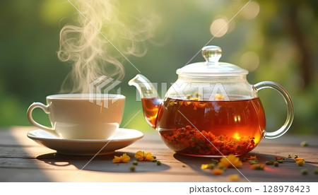 Floral Herbal Tea With Steam In Clear Teapot 128978423