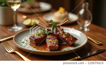 Fine Dining Setting With Lamb Skewers Plated 128978424
