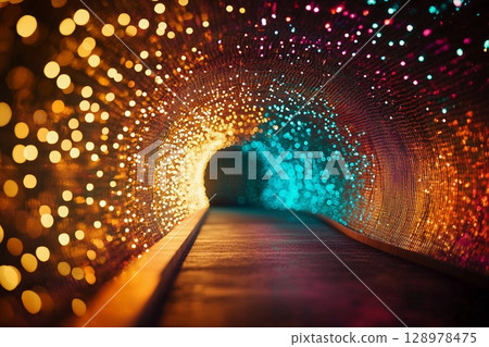 Colorful illuminated tunnel creates a stunning visual experience with shimmering lights in various hues 128978475