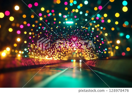 Colorful illuminated tunnel creates a stunning visual experience with shimmering lights in various hues 128978476