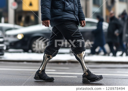 Man confidently walking on the street with a prosthetic leg during a sunny day in an urban environment 128978494