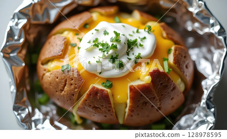 Hot Baked Potato Served In Shiny Foil Wrap 128978595