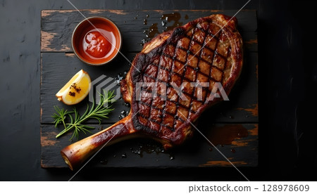 Grilled Garlic And Steak Presentation From Above 128978609