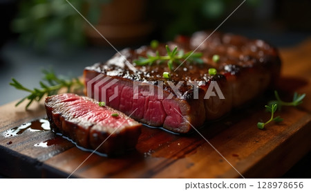 Moody Lighting Shows Details Of Cooked Steak 128978656