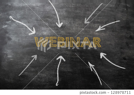 A chalkboard with a webinar written in yellow 128978711