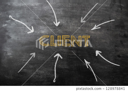 A chalkboard with arrows pointing to the word client in the center A chalkboard with arrows pointing to the word client in the center 128978841