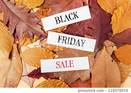Pile of autumn leaves with a sign that says Black Friday Sale 128978859