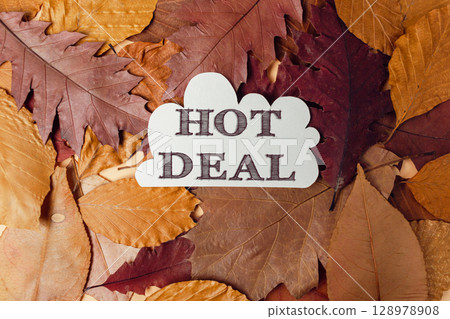 Pile of autumn leaves with the word HOT DEAL written on it 128978908