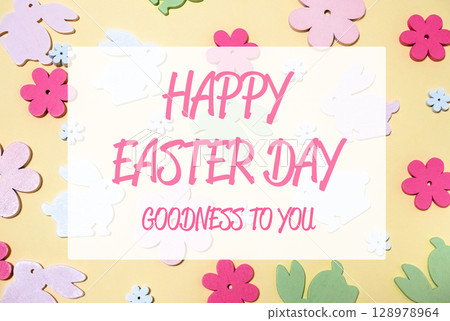 Colorful Easter card with a white background and pink and blue flowers 128978964