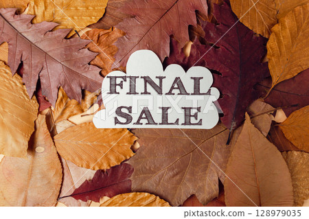 A pile of autumn leaves with the word final sale written on top 128979035