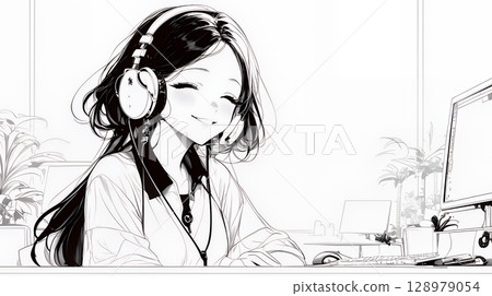 在現代呼叫中心辦公室工作的女性接線員（簡單的顏色使用） 128979054