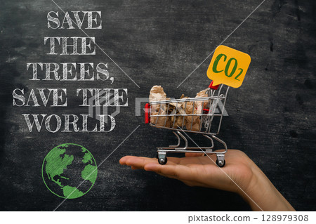 Hand holding a shopping cart with a sign that says Save the Trees 128979308
