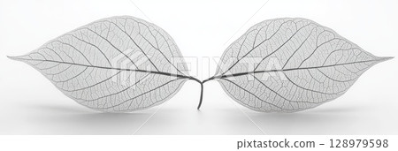 Simple gray translucent leaf on white shows intricate natural details and minimalism in botanical illustration. 128979598