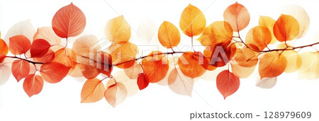Horizontal arrangement of overlapping red, orange, and yellow leaves on white, echoing warmth and autumn cheer. 128979609