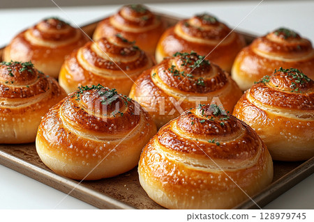 Baked buns trading. Variety of baked snail-shaped buns in on a wooden trading tray on a white background. 128979745