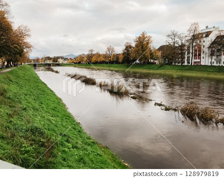 A river with a bridge in the background A river with a bridge in the background 128979819